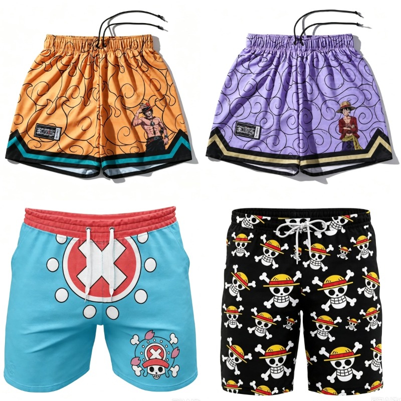 Boyshort Underwear - ワンピース、メンズ、ボーイズ、夏用、ボードショーツ、ビーチショーツ、ルフィ、麦わら帽子、海賊、スカル柄、水着、アニメ、カジュアル、サーフィン、バカンス用ショーツ
