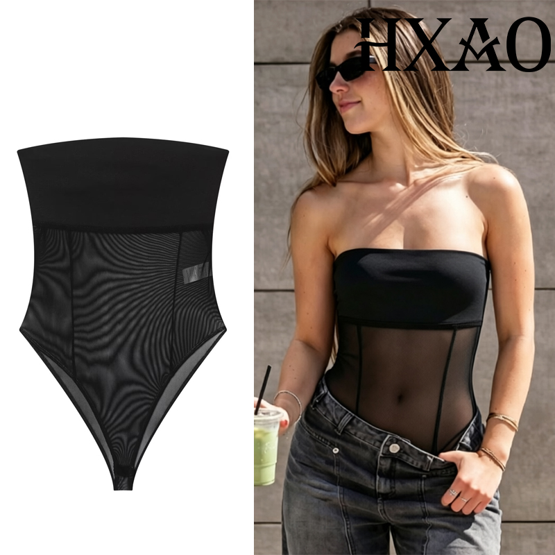 Strapless Bra Backless - HXAO チュールコルセットボディスーツ女性夏ストラップレスチューブトップ黒ボディスーツメッシュセクシーな背中の開いた薄手のランジェリーボディパーティーナイトクラブ